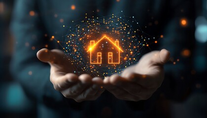 Poster - Businessman holding holographic home icons in a sleek corporate setting, with advanced digital transformation elements and futuristic tech visuals