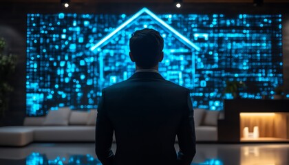 Aufkleber - Corporate businessman with holographic home icons, representing digital transformation in real estate, set in a modern and techdriven office space