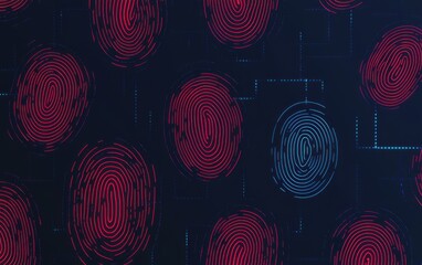 Poster - Anti-tracking concept. A digital pattern of fingerprints in red and blue tones against a dark background, highlighting themes of security and identity.