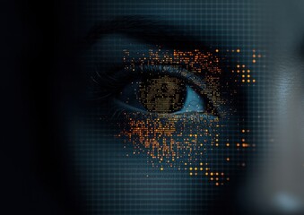 Poster - An abstract representation of a human eye, visually enhanced with a digital pattern of lights, suggesting themes of technology and perception.