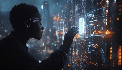 Poster - Dynamic real estate entrepreneur interacting with virtual property holograms, surrounded by cuttingedge IoT graphics and futuristic urban scenery