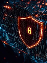 Poster - Anti-tracking concept. A glowing digital shield with a padlock symbolizes cybersecurity and data protection amid a matrix of binary code and glowing particles.