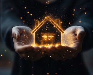 Aufkleber - Futuristic real estate professional showcasing digital home icons, with holographic effects and a sophisticated corporate setting