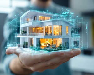 Poster - Futuristic real estate scene professional showcasing IoTpowered virtual homes with advanced holographic visuals in a hightech digital world