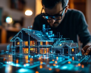 Poster - Futuristic real estate scene professional showcasing IoTpowered virtual homes with advanced holographic visuals in a hightech digital world