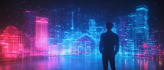 Aufkleber - Immersive futuristic real estate concept a businessman unveiling holographic houses with dynamic smart technology, vibrant lighting, and a futuristic city skyline