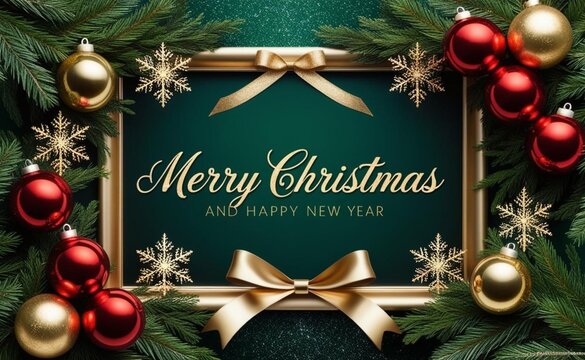 A digital illustration of a luxurious Christmas frame. The background is a deep green color with a glittery effect