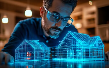 Poster - Techsavvy professional demonstrating futuristic smart homes, illuminated 3D holographic houses, and immersive neon blue visuals