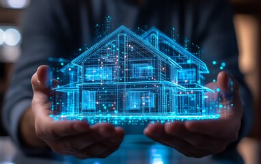 Poster - Techsavvy professional demonstrating futuristic smart homes, illuminated 3D holographic houses, and immersive neon blue visuals