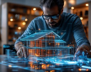 Aufkleber - Techsavvy professional showcasing holographic house models, immersive IoT visualizations, and sleek, modern digital interfaces in a hightech setting