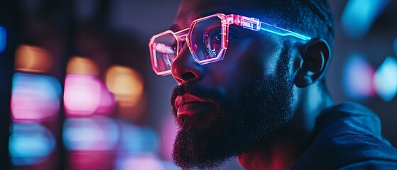 Poster - A confident professional presenting holographic home projections with vibrant smart technology, hightech digital graphics, and futuristic neon lighting