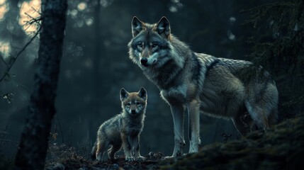  shadowy forest majestic adult wolf stands guard alongside she wolf and her playful cub all enveloped mystical twilight atmosphere