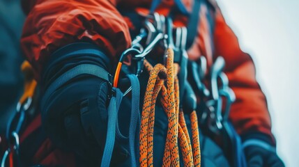 Poster - A close-up of various climbing gear, including ropes, helmets, harnesses, and carabiners, perfect for mountain adventures and extreme sports