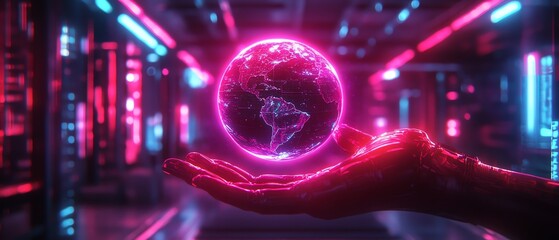 Poster - Futuristic 3D hologram of Earth glowing above a hand, vibrant neon colors and cyberpunkinspired lighting for a stunning visual effect