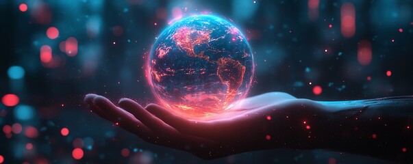 Aufkleber - Futuristic Earth hologram hovering over a hand, glowing with neon colors and a cyberpunk vibe, rendered in hyperrealistic 3D style