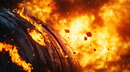 Aufkleber - Close-up of a chemical spill caused by a missile attack on an industrial oil tank, with flames and toxic leakage creating a hazardous environment