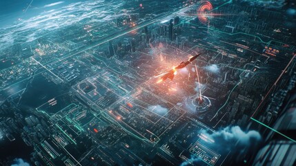 Poster - Holographic missile system interface displayed over a detailed digital city map, demonstrating advanced military tech used in strategic analysis