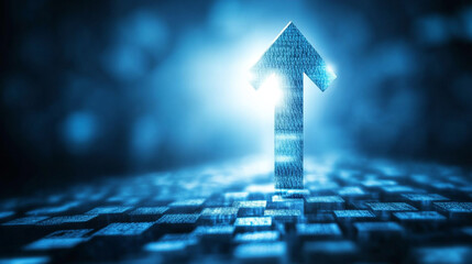 Poster - Digital arrow pointing upwards illuminated by blue light on a grid of binary numbers