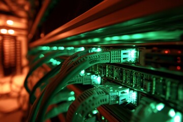 Poster - Illuminated Data Center Server Rack with Green LED Lights, Featuring Network Cables and High-Tech Equipment in a Modern Infrastructure Environment