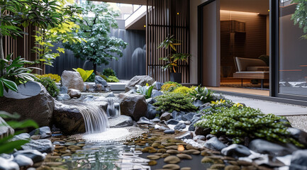 Poster - A small courtyard in the house, with a Japanese-style green plant and rockery landscape design. There is an indoor stone waterfall feature.