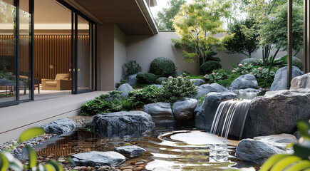 Poster - A small courtyard in the house, with a Japanese-style green plant and rockery landscape design. There is an indoor stone waterfall feature.