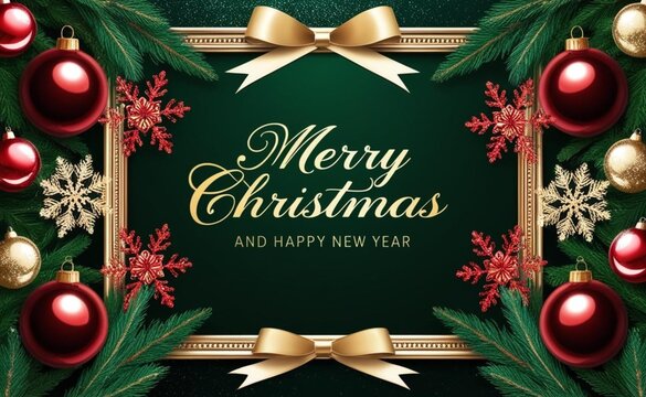 A digital illustration of a luxurious Christmas frame. The background is a deep green color with a glittery effect