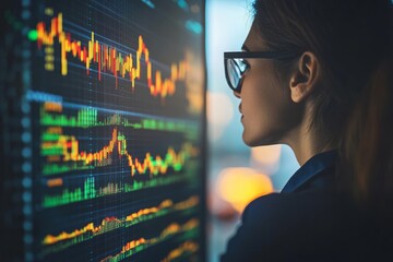 Poster - Young professional woman analyzing market trends on digital stock exchange screen during late evening, focusing on charts and data visuals for investment insights