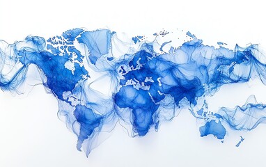 Poster - Blue world map with interconnected lines and nodes on a white background, 3D rendering, representing global networking and digital communication