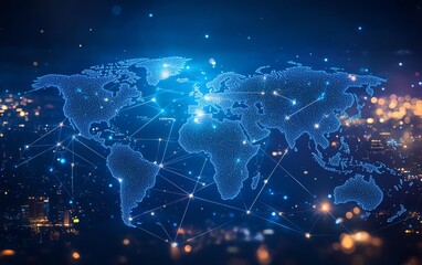 Poster - Blue world map with interconnected lines and nodes on a white background, 3D rendering, representing global networking and digital communication