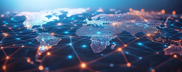 Poster - Blue world map with interconnected lines and nodes on a white background, 3D rendering, representing global networking and digital communication