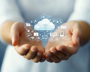Poster - Hands holding a cloud technology graphic with network icons on a white background, 3D rendering, concept of cloud services and internet connectivity