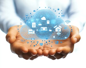 Poster - Hands holding a cloud technology graphic with network icons on a white background, 3D rendering, concept of cloud services and internet connectivity