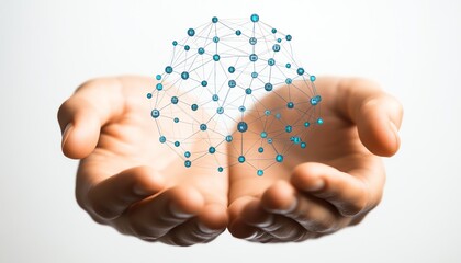 Poster - Hands presenting a cloud technology graphic with connected network icons on a white background, 3D rendering, symbolizing internet services and cloud computing