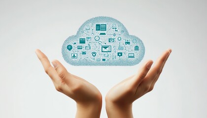 Poster - Hands presenting a cloud graphic with network icons and connections on a white background, 3D rendering, symbolizing cloud computing and internet services