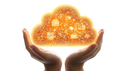 Poster - Hands presenting a cloud graphic with network icons and connections on a white background, 3D rendering, symbolizing cloud computing and internet services