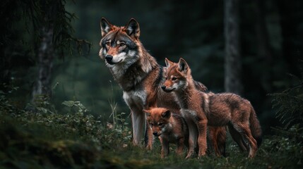  serene shadows dark forest adult wolf watches her two lively cubs embodying bond and protection delicate family unit