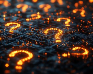 Poster - Network of glowing question marks in 3D rendering, interconnected nodes and lines, symbolizing curiosity and digital exploration