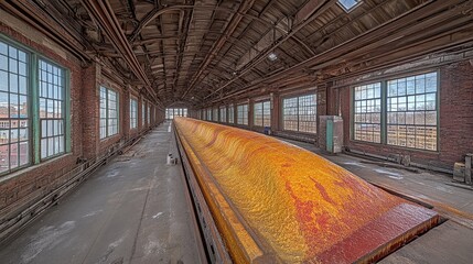 Wall Mural - Abandoned Factory Interior with Long Table and Rusted Beams