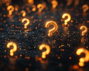 Poster - Network of glowing question marks in 3D rendering, interconnected nodes and lines, symbolizing curiosity and digital exploration