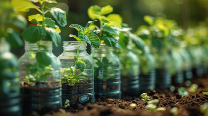 Poster - Green plants in reused plastic bottles, urban vegetable garden, sustainable production of healthy food in the city. Concepts of ecological agriculture, sustainability and zero waste.