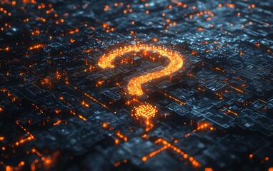 Poster - Question mark network illustration in 3D, glowing nodes and connections, representing questions, exploration, and digital inquiry