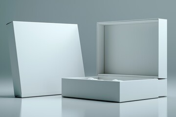 Poster - A lifelike white cardboard box, open and closed, with paper and a sticker, set against a light background. The concept symbolizes business gifts. Mock-up. 3D rendering.