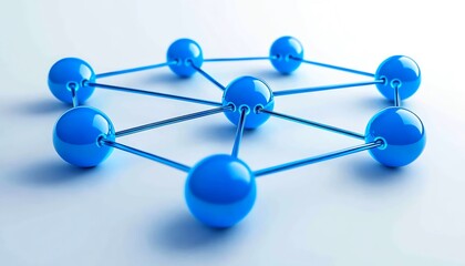 Poster - 3D rendering of a blue world map with interconnected lines and nodes, isolated on a white background, symbolizing global communication and networking