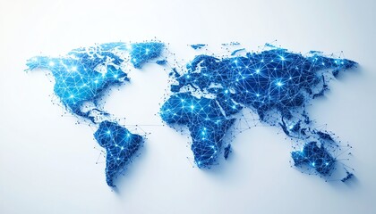Poster - 3D rendering of a blue world map with interconnected lines and nodes, isolated on a white background, symbolizing global communication and networking