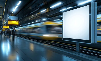 Aufkleber - Produce a realistic 3D illustration of an ads display poster media template in a NYC train subway station, with a moving train in the background.