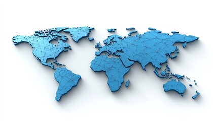 Poster - 3D rendering of a blue world map with connected lines and nodes on a white background, illustrating global communication and international networking