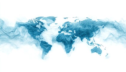 Poster - 3D rendering of a blue world map with lines and nodes, isolated on a white background, representing global networking and communication connections