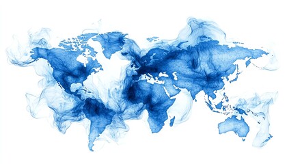 Poster - 3D rendering of a blue world map with lines and nodes, isolated on a white background, representing global networking and communication connections