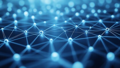 Poster - 3D rendering of a blue world map with connected lines and nodes on a white background, illustrating global communication and international networking