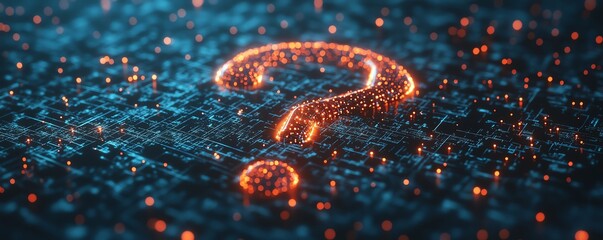 Poster - 3D rendering of a question mark network illustration, glowing interconnected lines and nodes, symbolizing inquiry and connection
